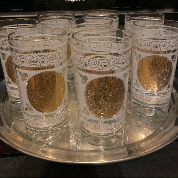 mid century modern Hazel Atlas Frosted and Gilded Aztec Tumbler Cocktail Glasses - Picture 3 of 6